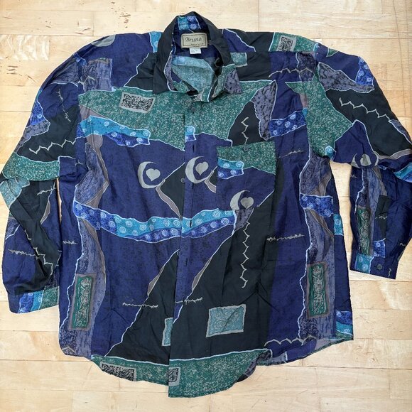 VTG Bruno purple Silk Geometric Print Shirt Mens XL Long Sleeve Button Up - Picture 1 of 5